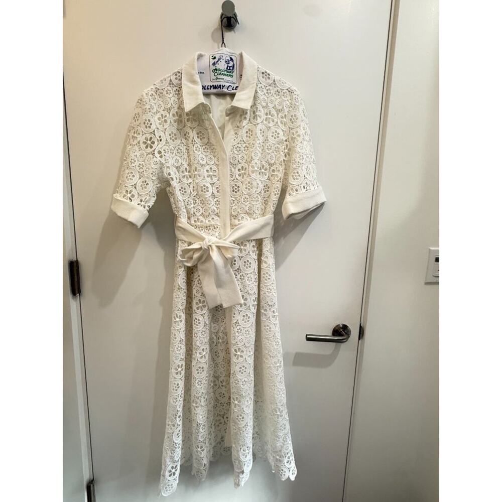 Maje White Eyelet Lace Tie-Belt Shirt Dress Spring Summer Size 4 - Picture 2 of 11
